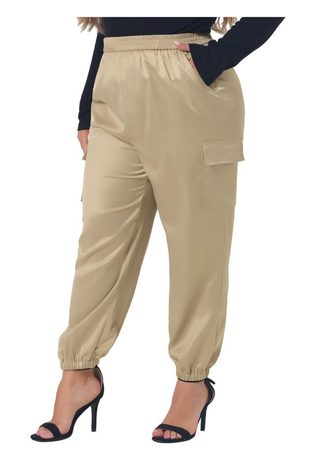 SATIN JOGGERS ELASTIC WAIST ATHLEISURE ANKLE LENGTH CARGO PANTS, Khaki / Taupe, alternate image number 2
