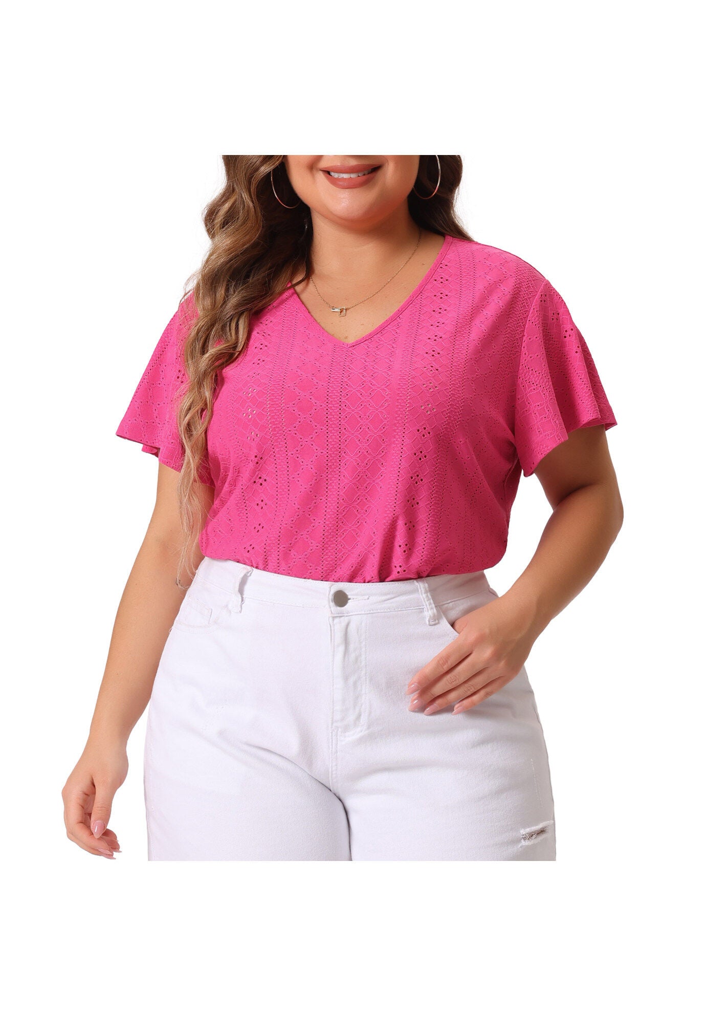 Summer Tee V Neck Hollow Flare Short Sleeve Casual Top Tunic, Hot Pink / Deep Fuchsia, alternate image number 1
