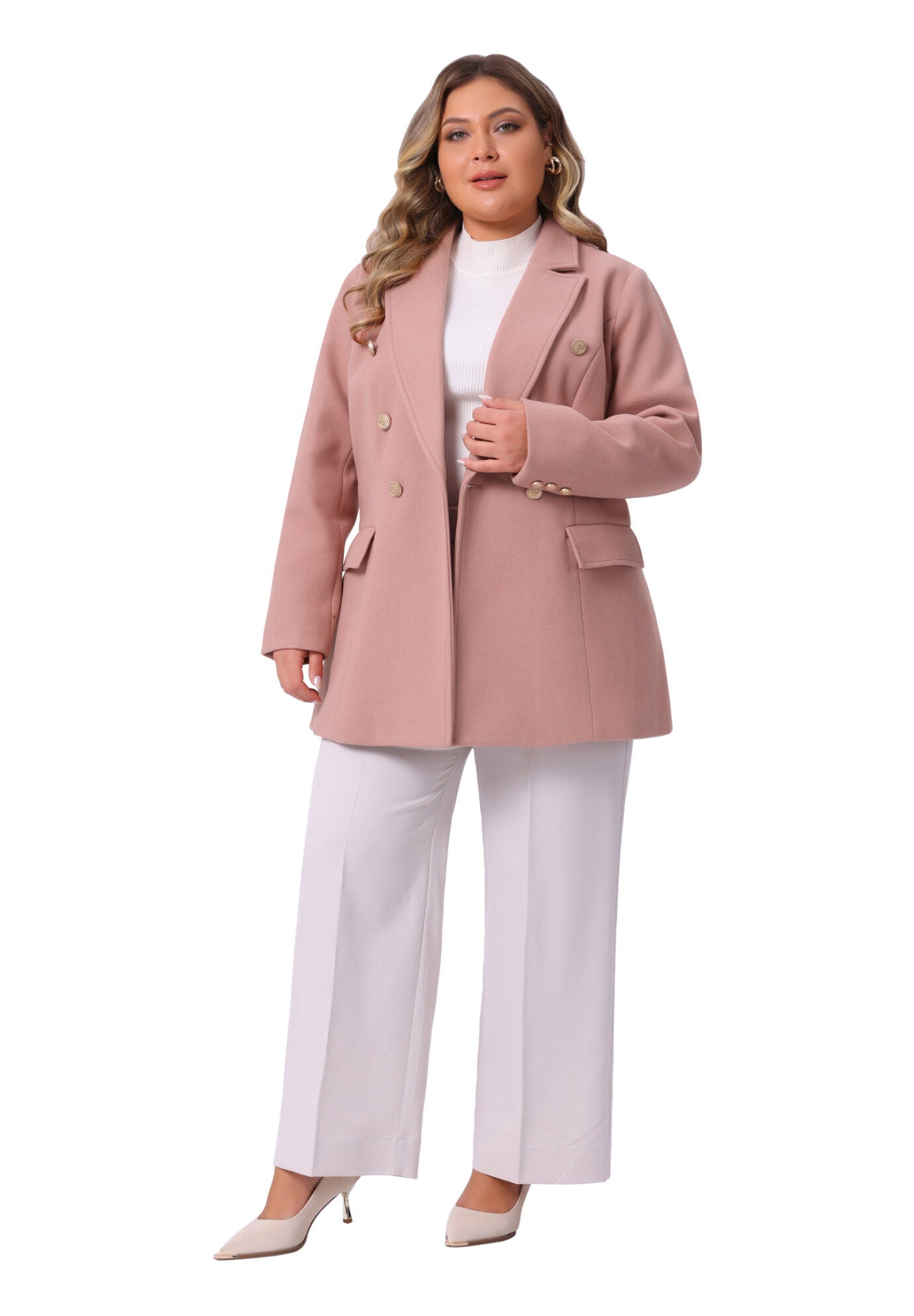 Notch Double-Breasted Lapel Winter Coats, Pink / Pink, hi-res image number 0