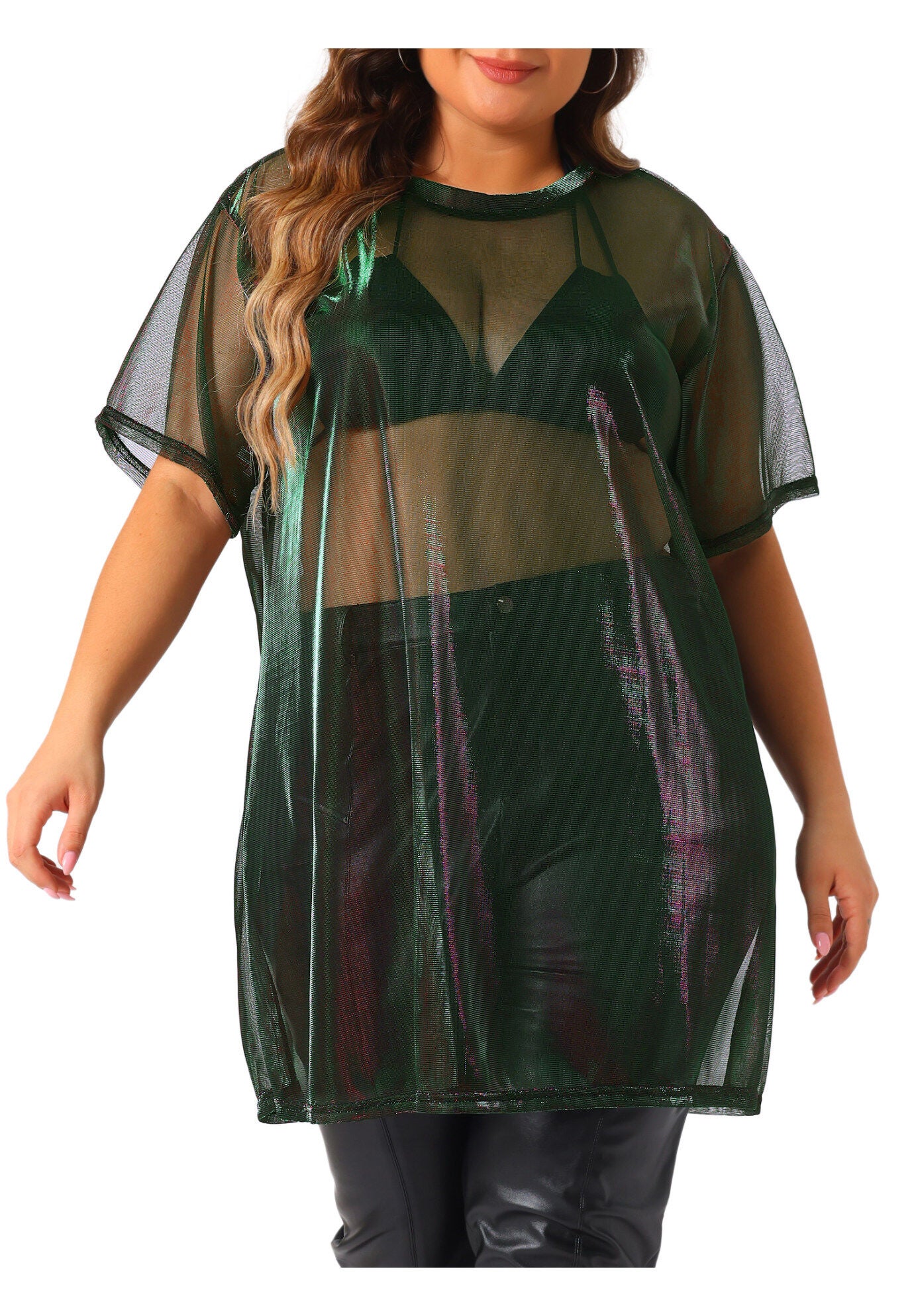 Sheer Mesh Top See Through Holographic Long Tee, Purple Green / Purple, alternate image number 1