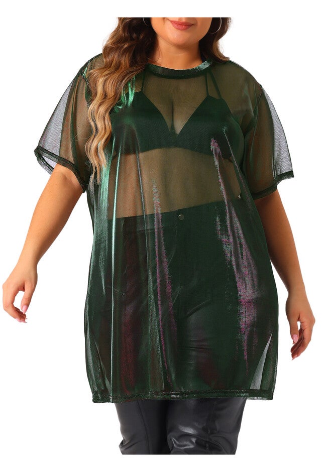 Sheer Mesh Top See Through Holographic Long Tee, Purple Green / Purple, alternate image number 1