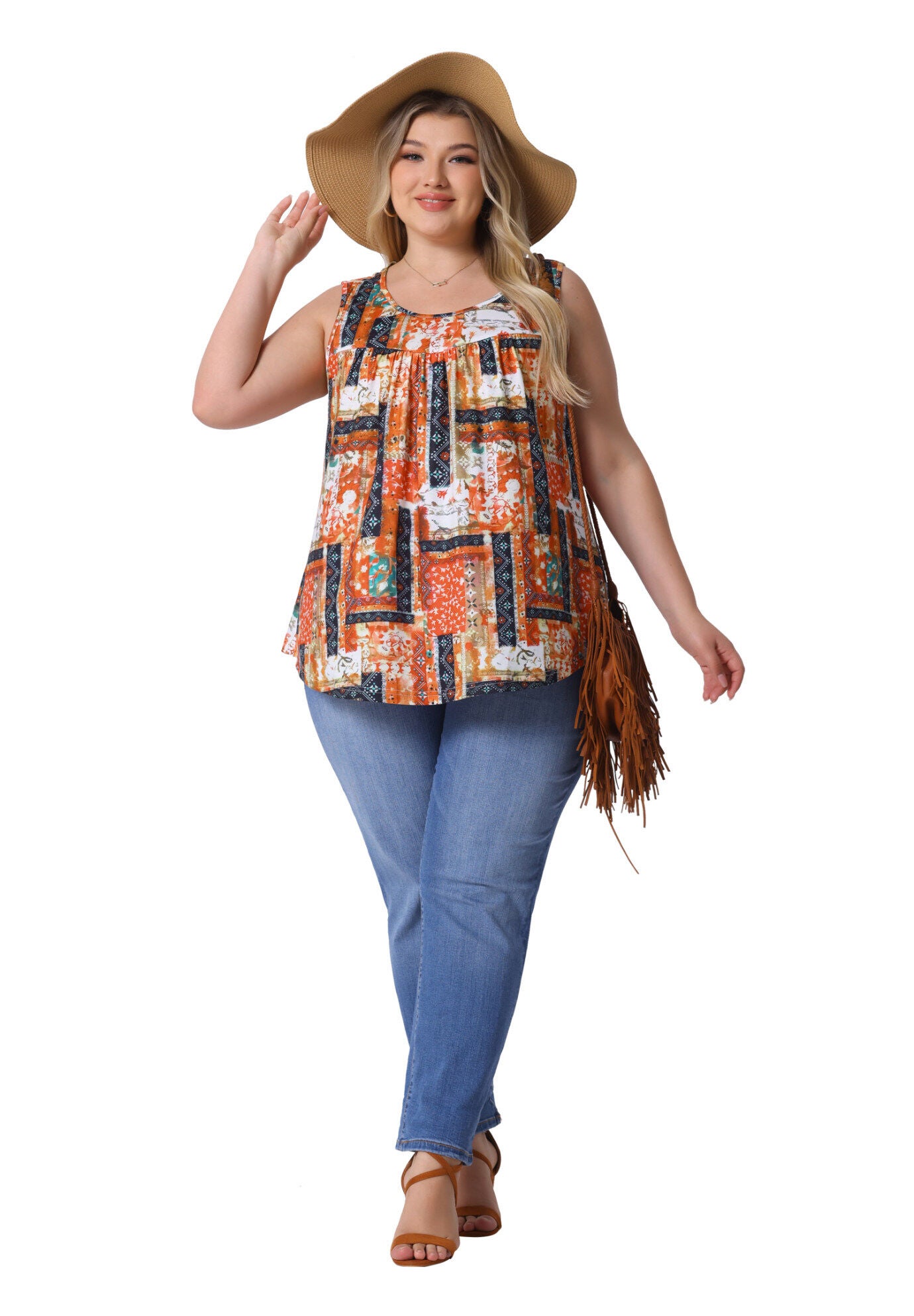 Round Neck Pleated Babydoll Boho Tank Tops, Orange / Orange, hi-res image number 0