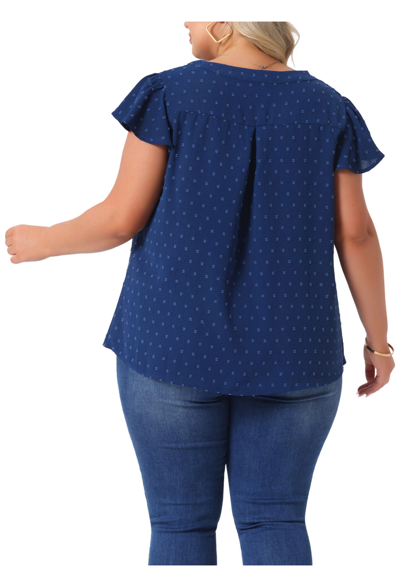 Swiss Dots Notched Neck Ruffle Sleeve Blouse, Dark Blue / Navy, alternate image number 3