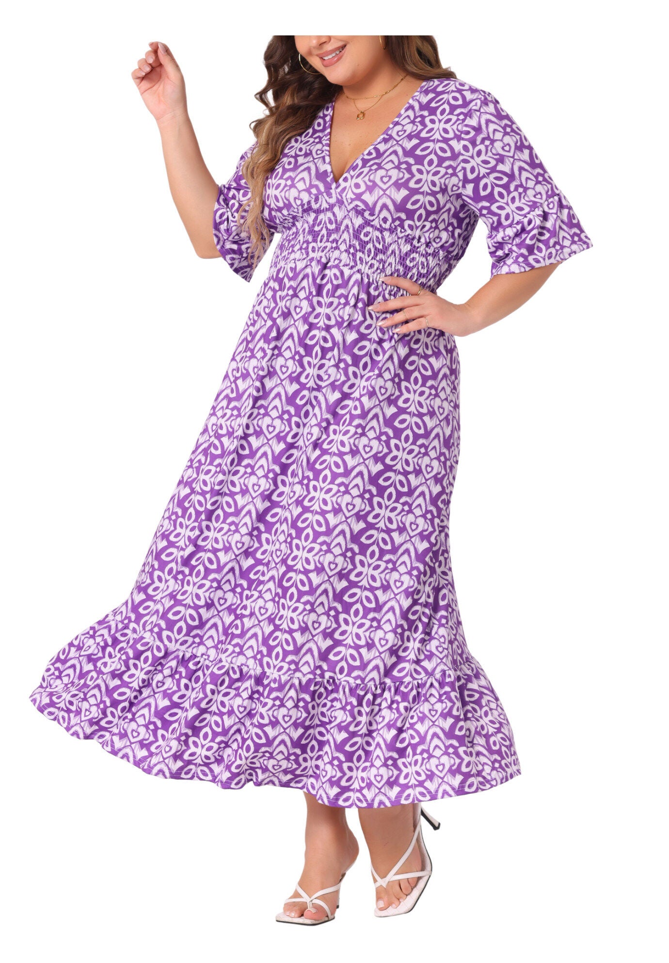 Bell Sleeve Ruffled Hem V Neck Short Sleeve Boho A Line Long Dress, Purple / Purple, alternate image number 2