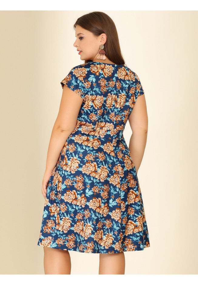 Deep V Neck Above Knee Cap Sleeve Floral Dress, Navy Blue / Navy, alternate image number 3