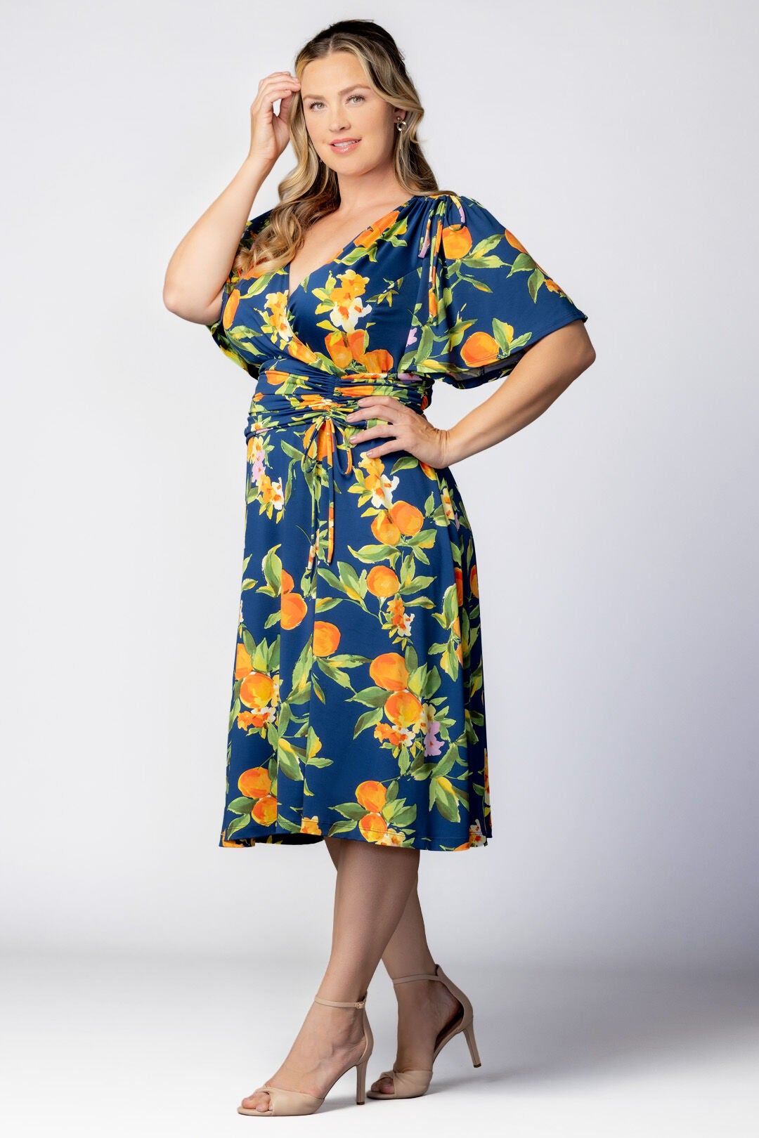Jemma Ruched Tie Dress, Navy Citrus Print / Navy, alternate image number 3