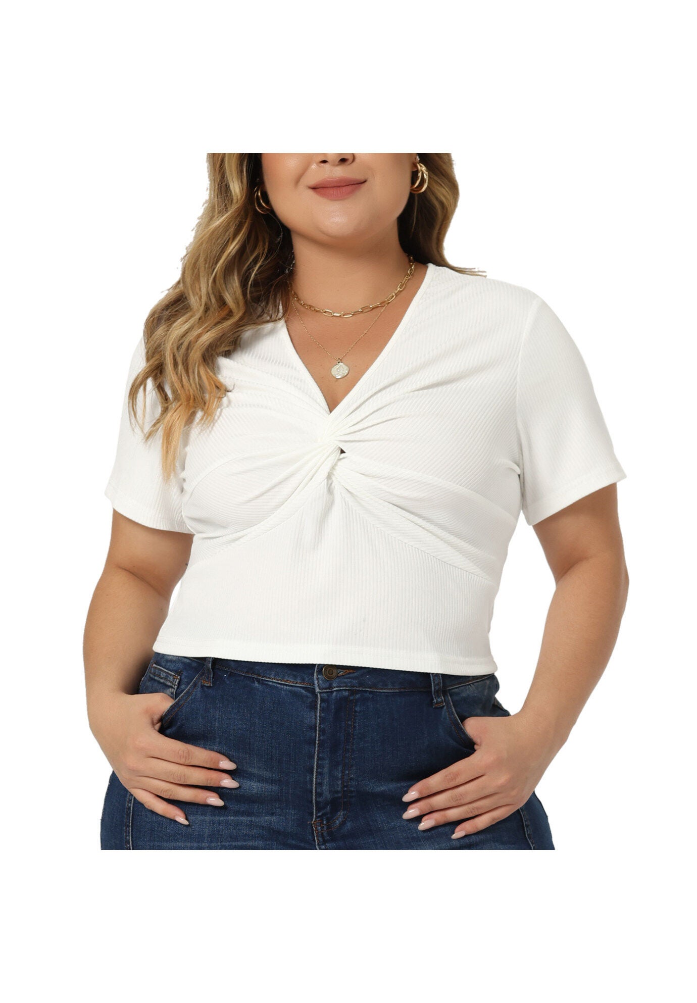Twist Front V Neck Ribbed Short Sleeve T-Shirt Top, White / White, alternate image number 2