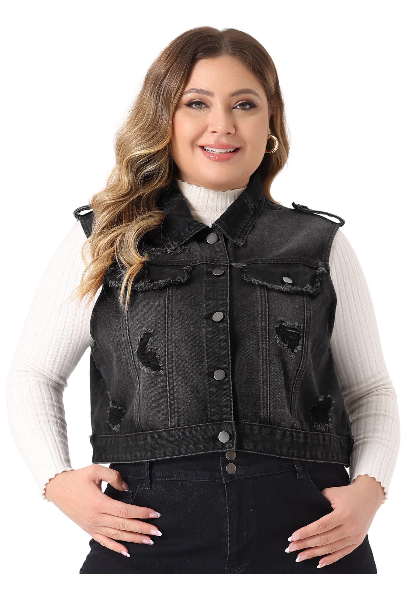 SLEEVELESS BUTTON JEAN CROP DENIM VEST, Black / Black, alternate image number 1