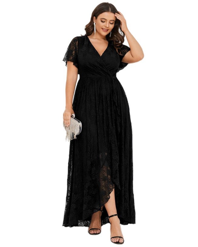 Short Sleeve Ruffled V-Neck A-Line Lace Evening Dress, Black / Black, alternate image number null