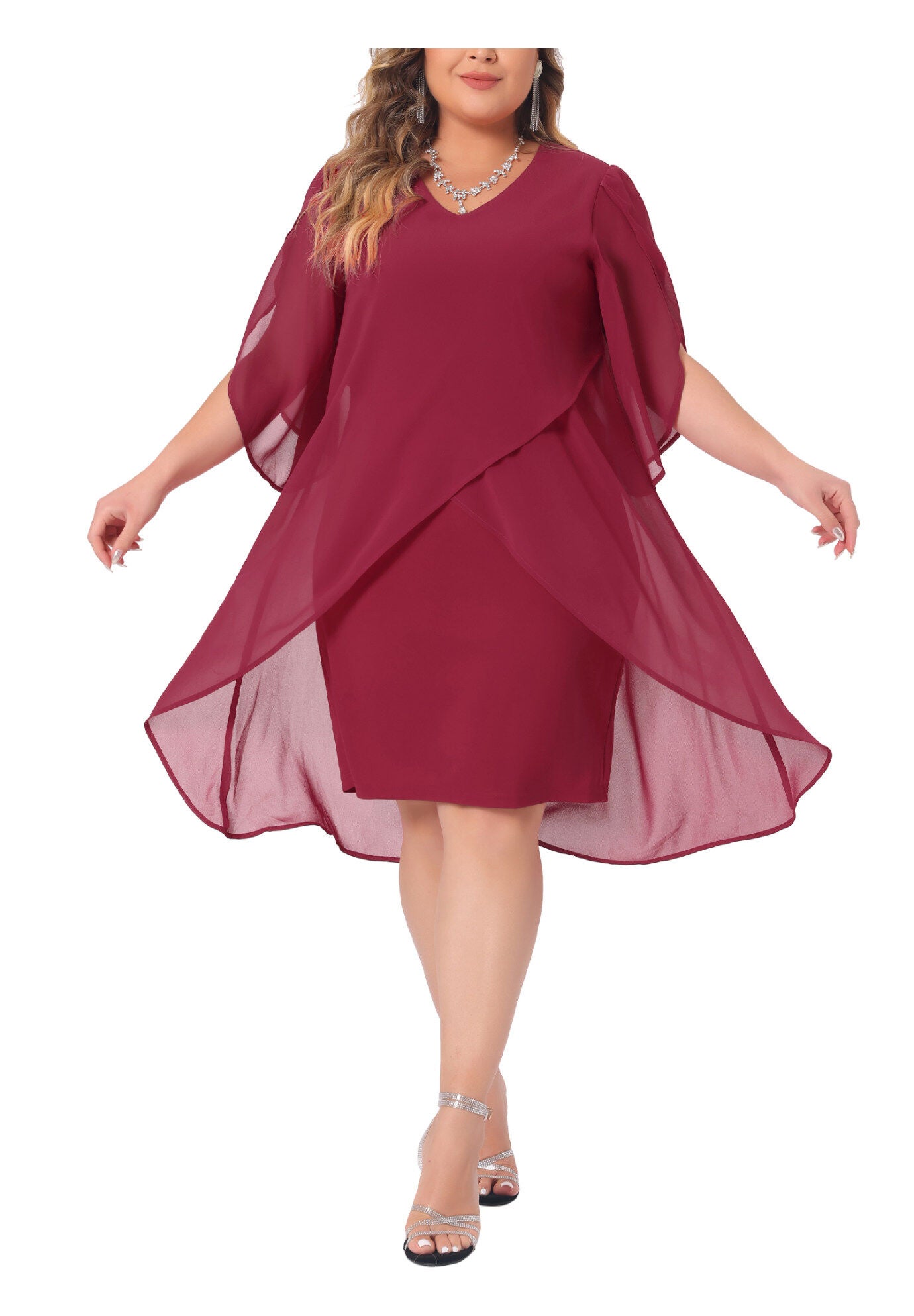 Mesh Wedding Guest Party Chiffon Cocktail Overlay Short Dress, Red / Red, alternate image number 2