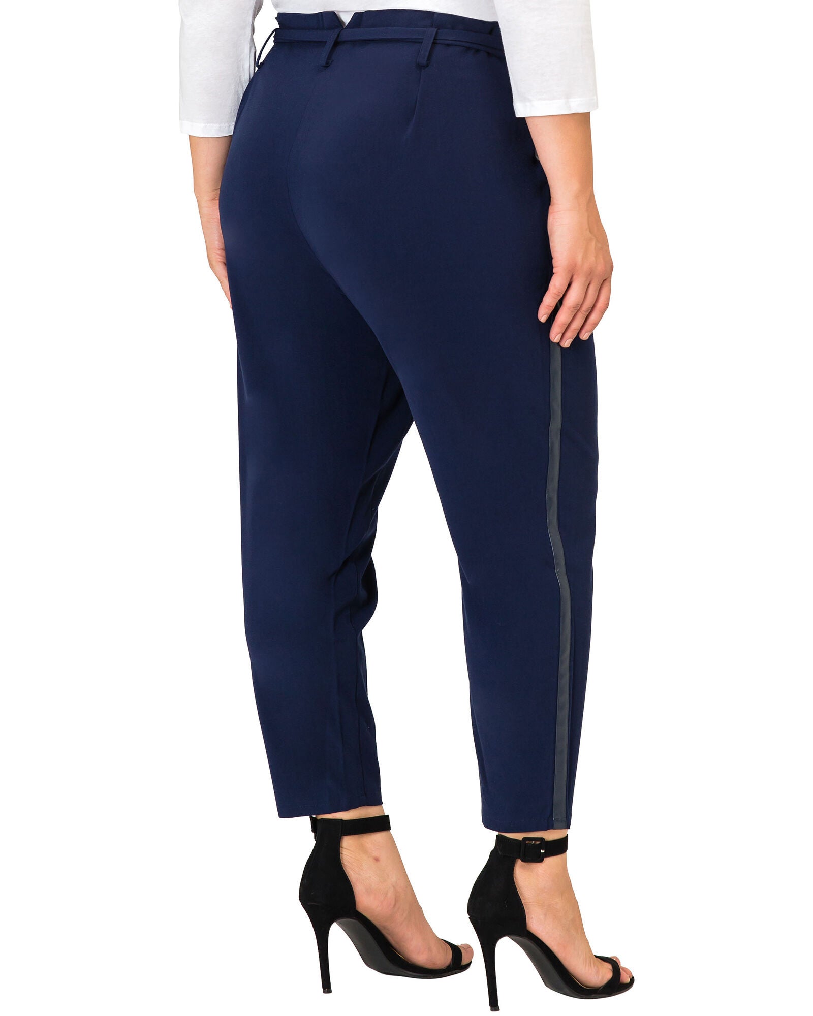 Plus Size Marina Paper Bag Waist Suiting Pants - Vegan Leather Athletic Stripe, Midnight Blue / Navy, alternate image number 4