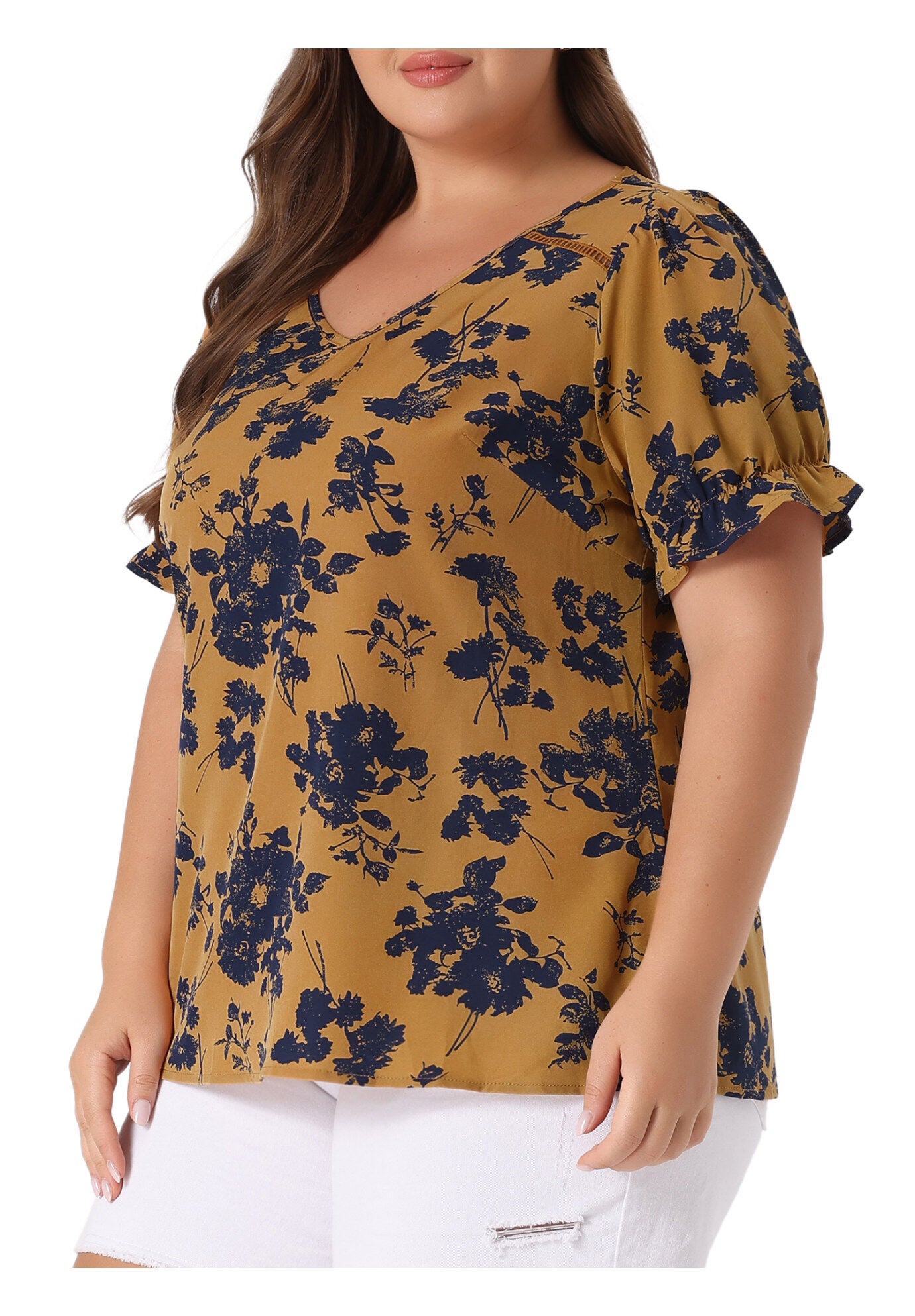 V Neck Ruffle Short Sleeve Chic Summer Blouses, Brown / Brown, alternate image number 1