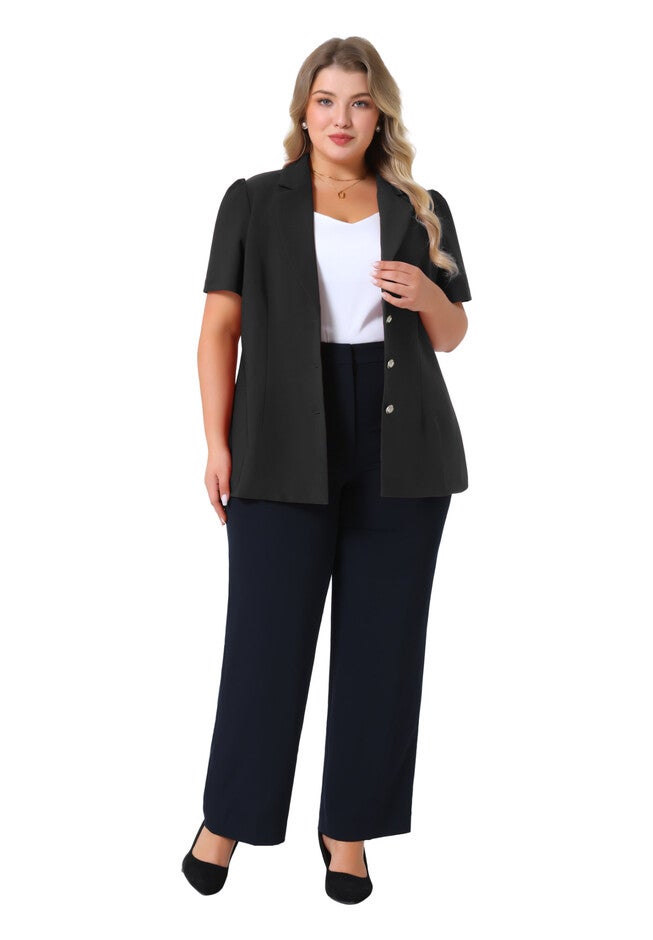 Notched Lapel Short Puff Sleeve Blazer Jackets, Black / Black, hi-res image number 0