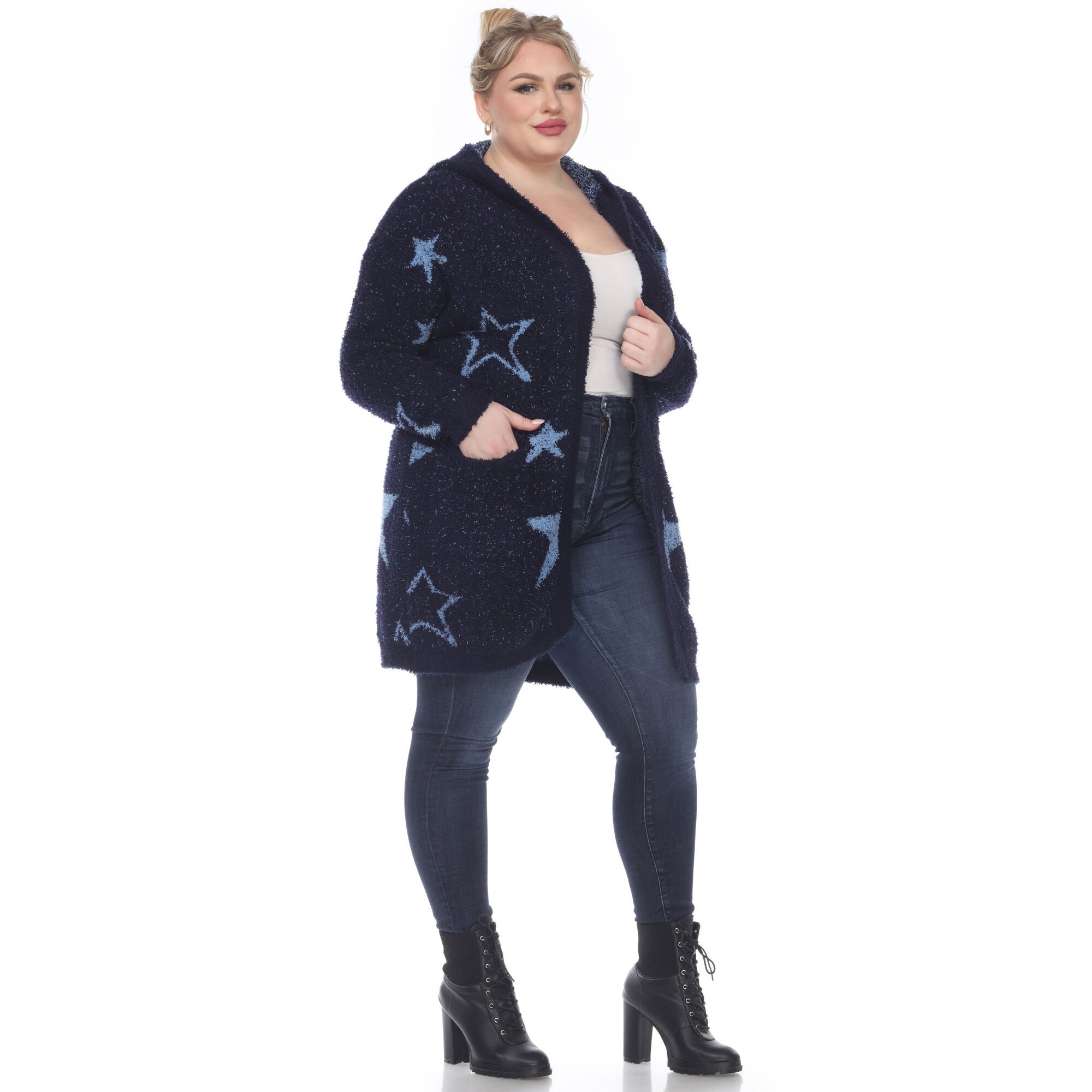 Hooded Open Front Sherpa Coat, NavyLight Blue Stars / Navy, alternate image number 3