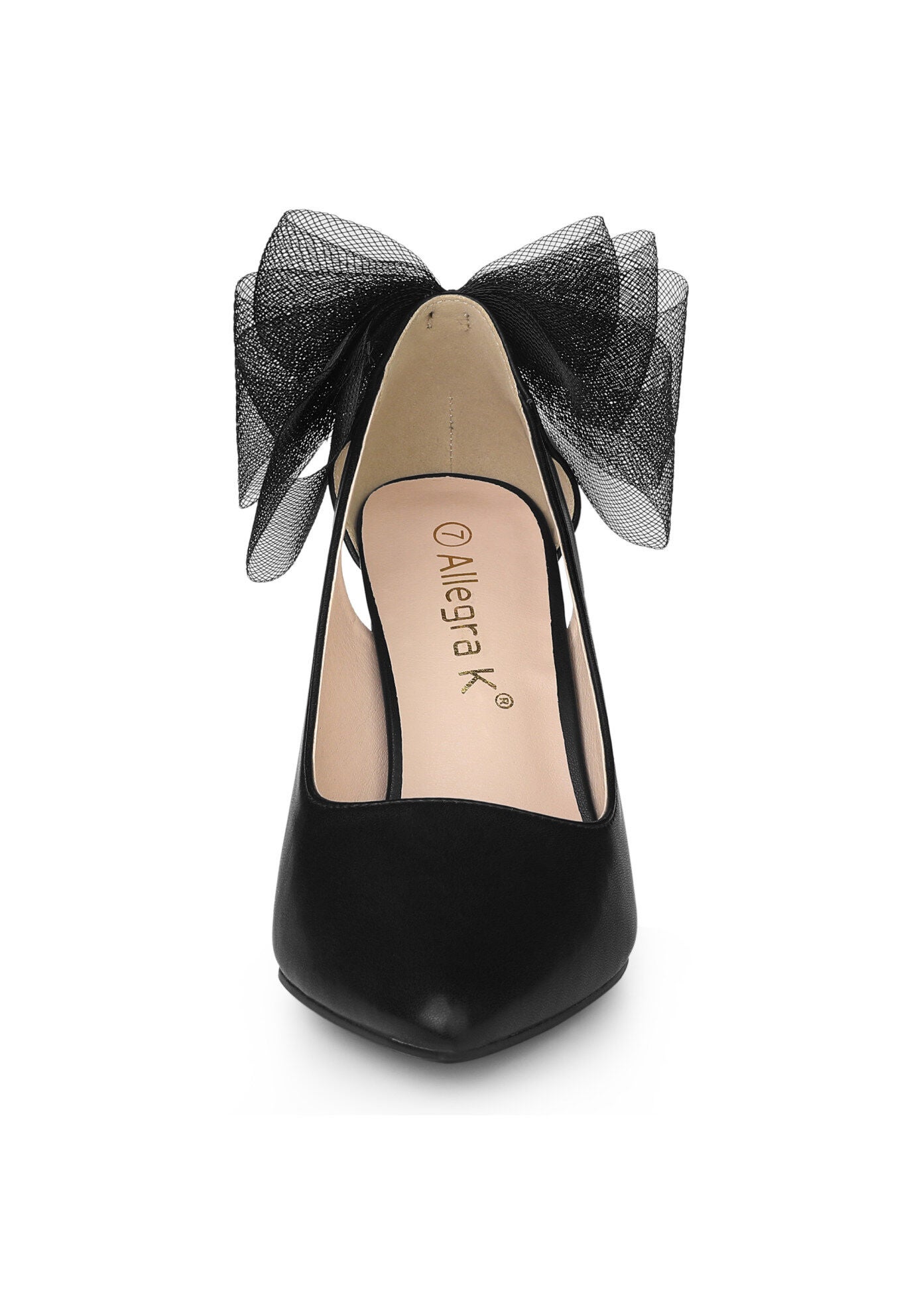 Mesh Bow Pointed Toe Stiletto Heels Pumps, Black / Black, alternate image number 2