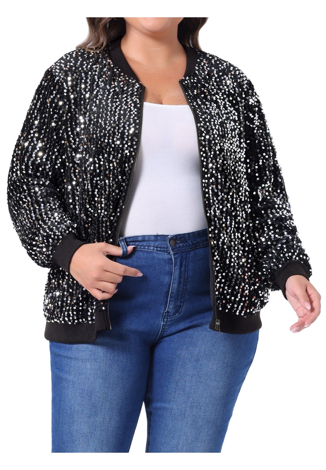 SEQUIN SPARKLE FRONT ZIP BOMBER JACKET, Silver / Silver, alternate image number 1