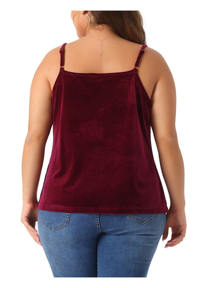 V Neck Lace Floral Panel Spaghetti Strap Cami Velvet Tank Top, Burgundy / Red, alternate image number 3
