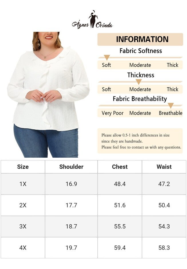 Swiss Dot Top Lantern Sleeve V Neck Casual Work Shirt Ruffle Blouse, White / White, alternate image number 4