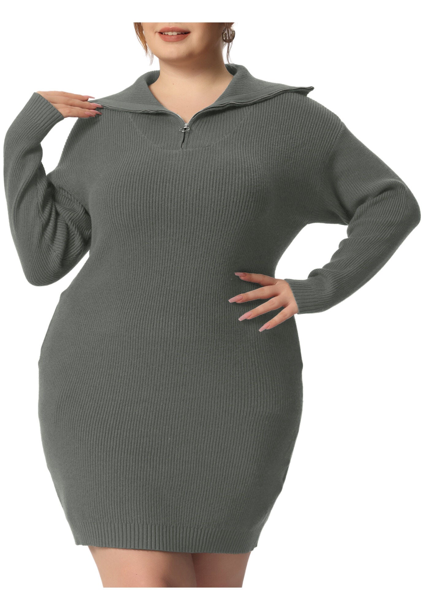 Knit Foldover Collar Loose Pullover Jumper Sweater, Gray / Charcoal Grey, alternate image number 4