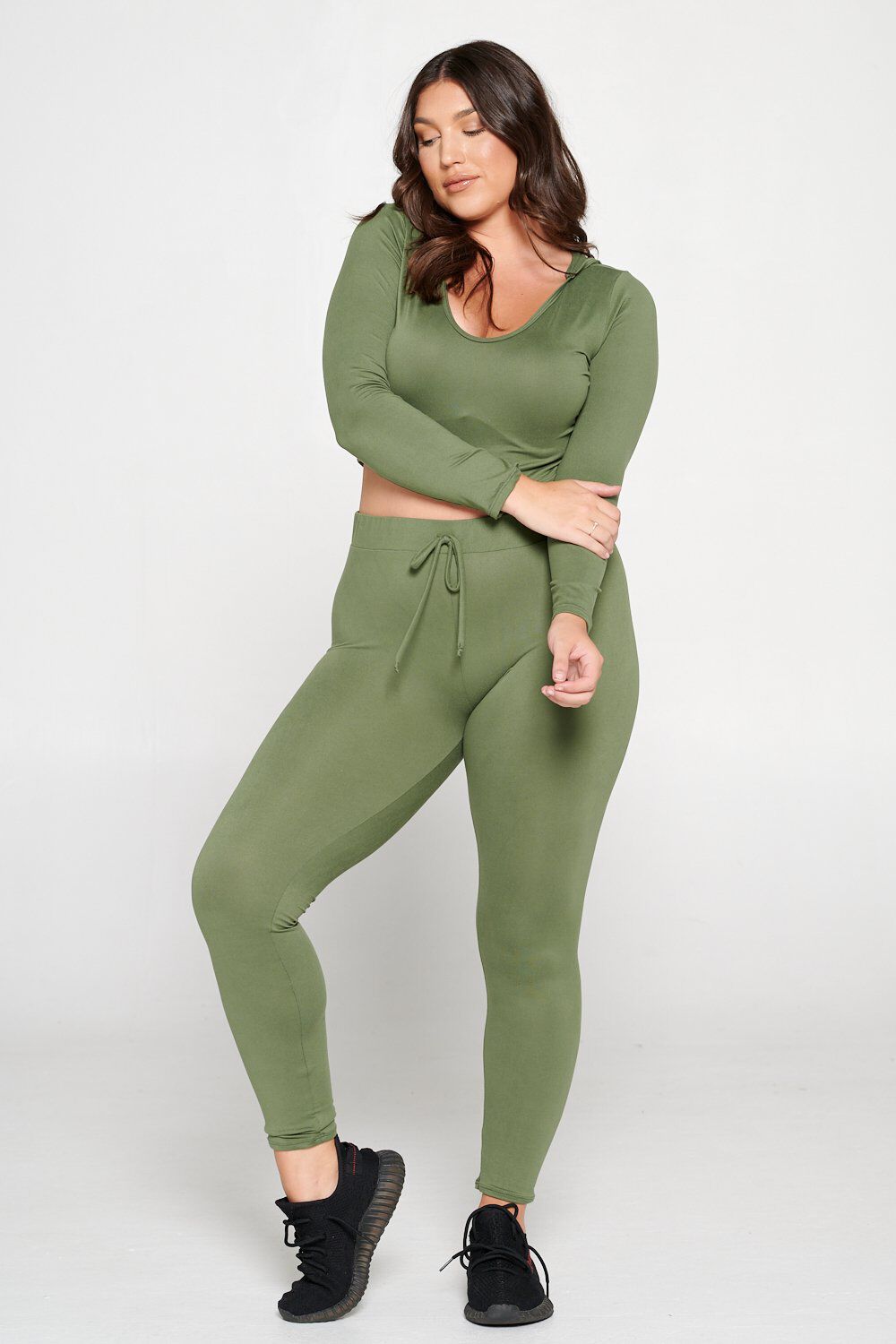 Crop Pullover Hoodie and Sweatpants Set, Moss / Hunter Green, alternate image number 2