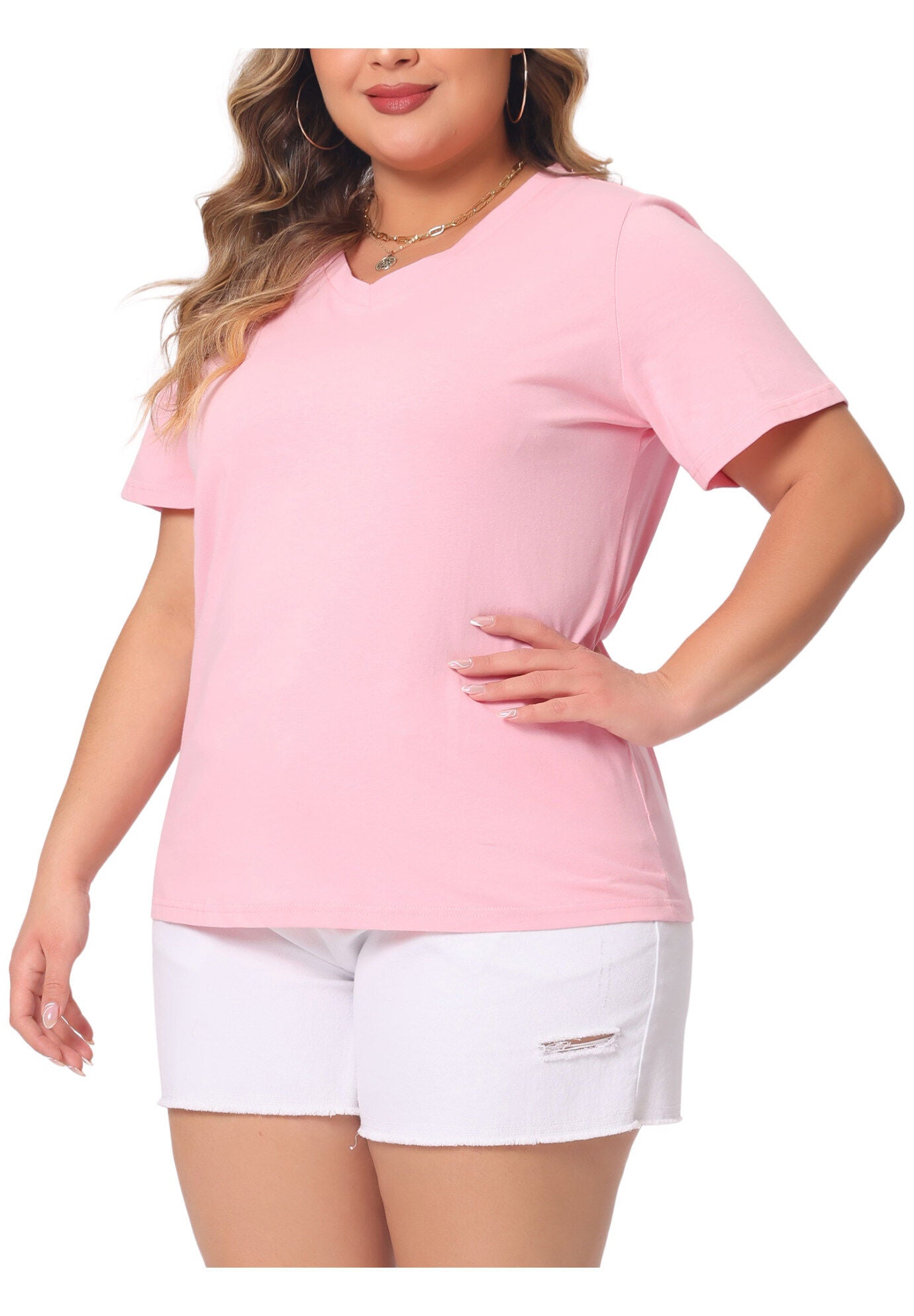 Short Sleeve V Neck Basic T-Shirt Top, Pink / Pink, alternate image number 1