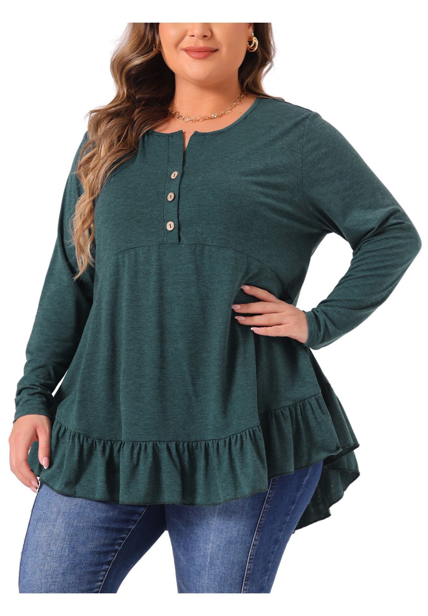 Henley V Neck Ruffled Hem Flowy Blouse Tunic, Dark Green / Forest Green, alternate image number 1