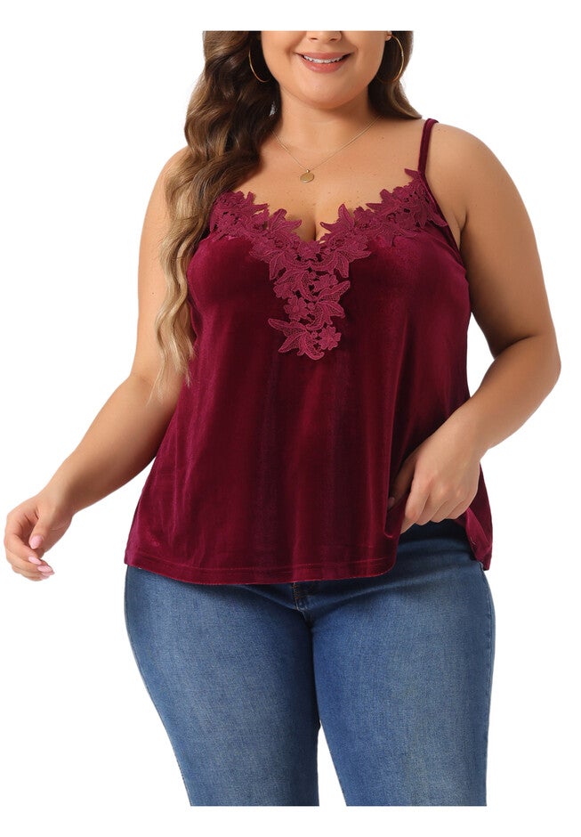 V Neck Lace Floral Panel Spaghetti Strap Cami Velvet Tank Top, Burgundy / Red, alternate image number 2