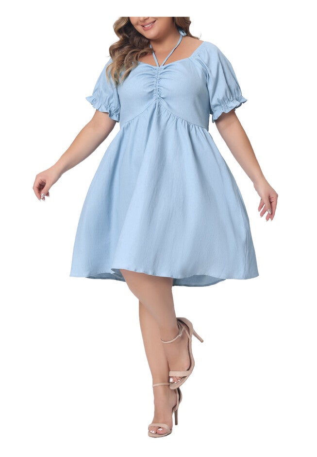 Summer Sweetheart Neck Self Tie Front Puff Sleeve Back Elastic Dress, Light Blue / Light Blue, alternate image number null