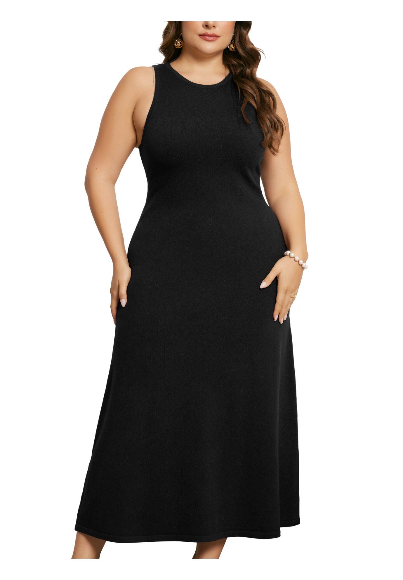 Crewneck Sleeveless Knit Casual Sweater Tank Dress, Black / Black, alternate image number 2