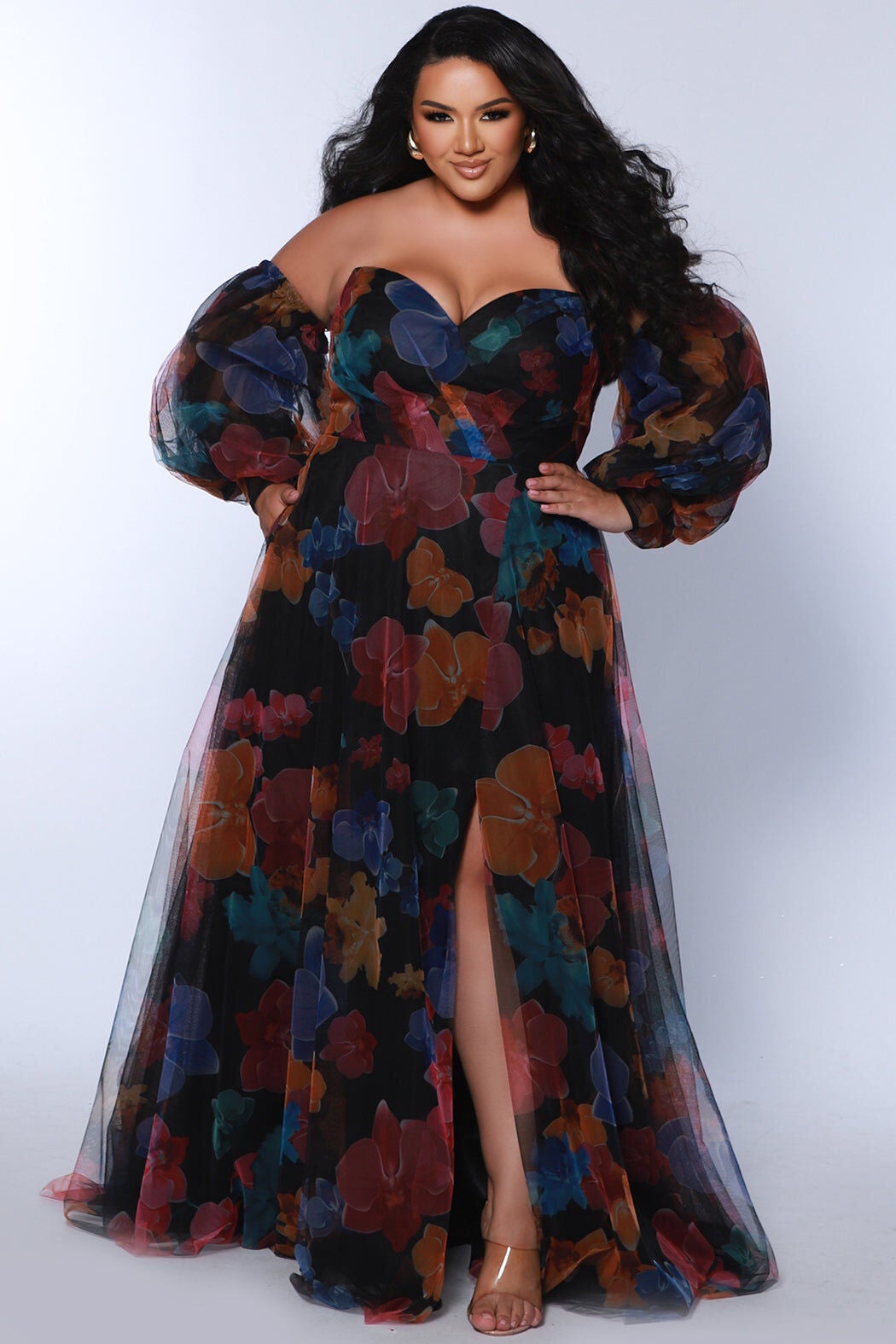 D&eacute;j&agrave; Vu Off-Shoulder Tulle Gown, Multi Floral / Black, hi-res image number 0