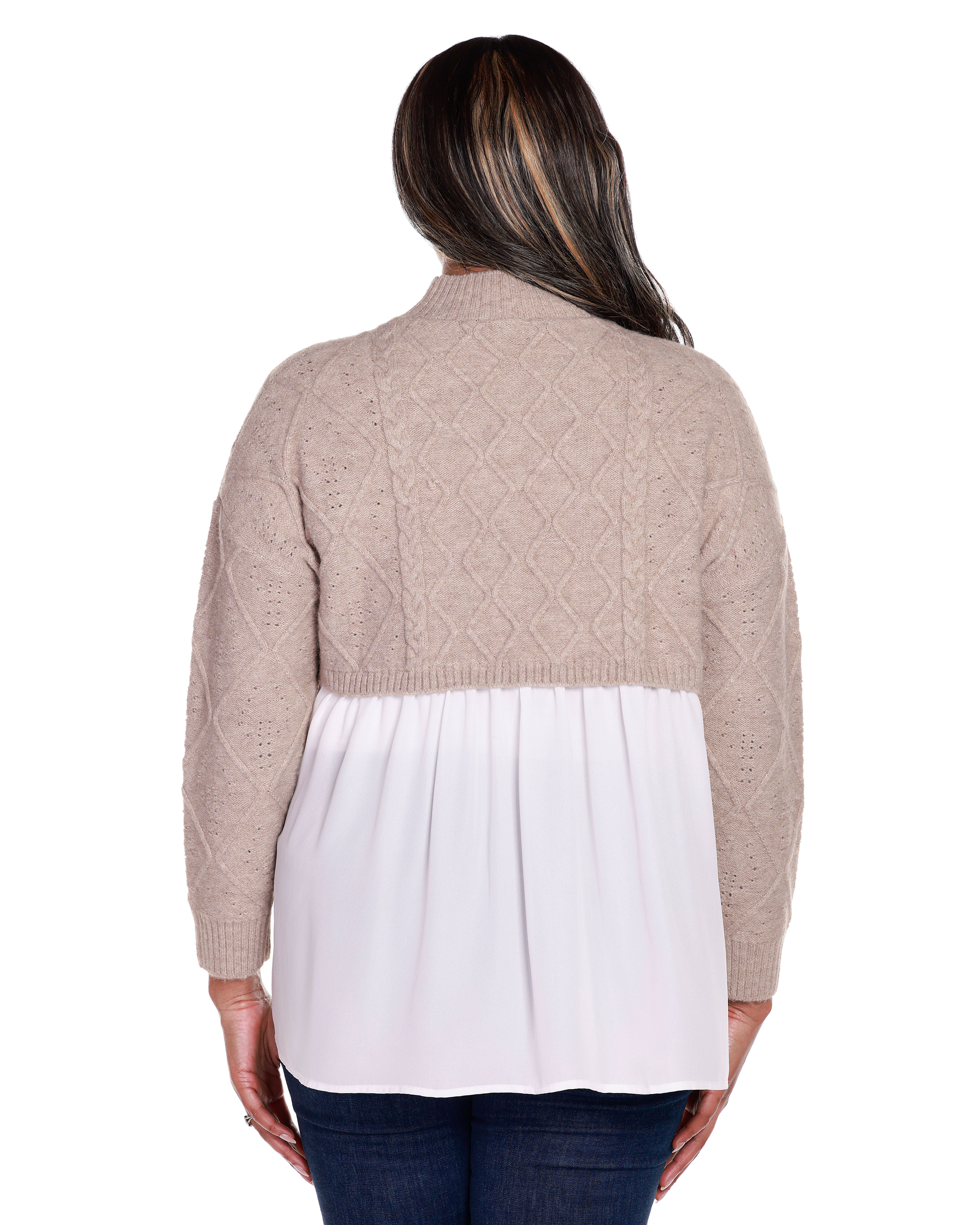 CHIFFON-BACK CABLE SWEATER, Heather TaupeWhite / Beige, alternate image number 1