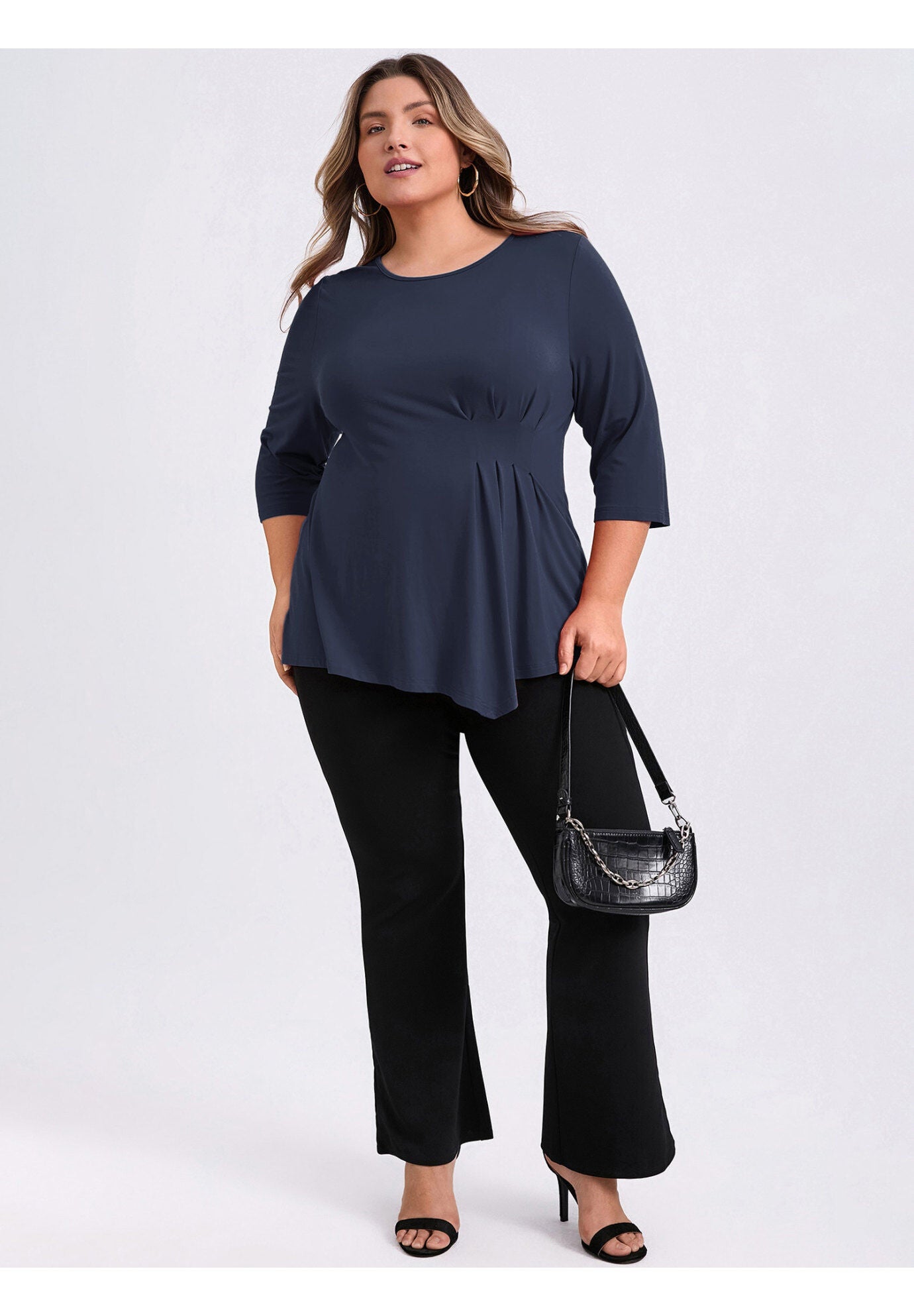 Crew Neck 3/4 Sleeve Waist Pleated Asymmetric Hem Loose Fit Blouse, Dark Blue / Navy, alternate image number 1