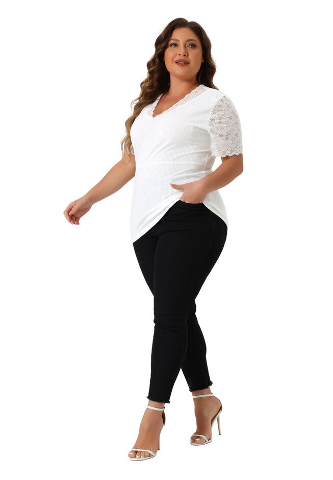 V Neck Short Sleeve Lace Ribbed Knit Tunic Top, White / White, hi-res image number 0