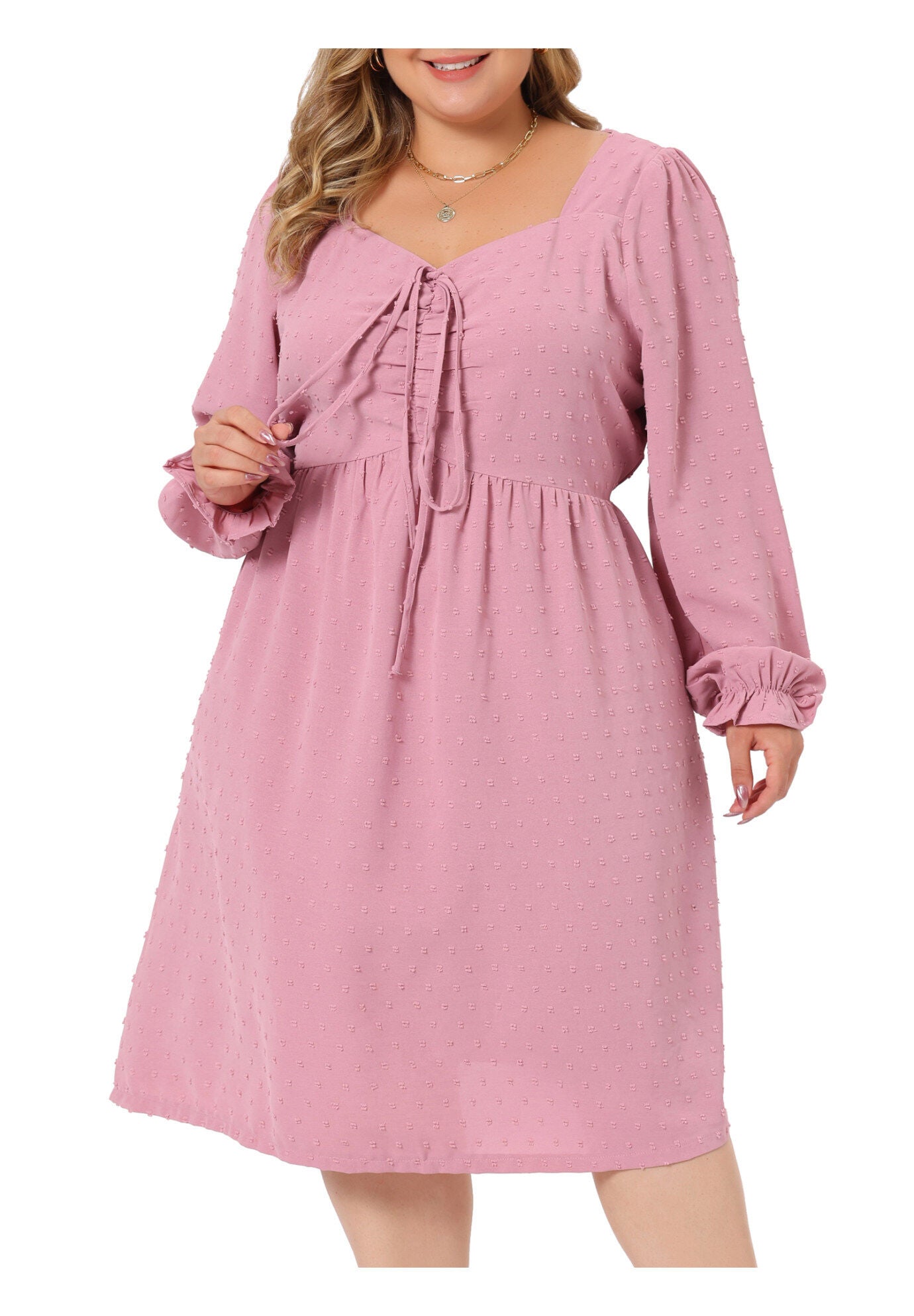 Swiss Dots Long Sleeve Sweetheart Neck Ruffle Tiered Midi Dress, Pink / Pink, alternate image number 1
