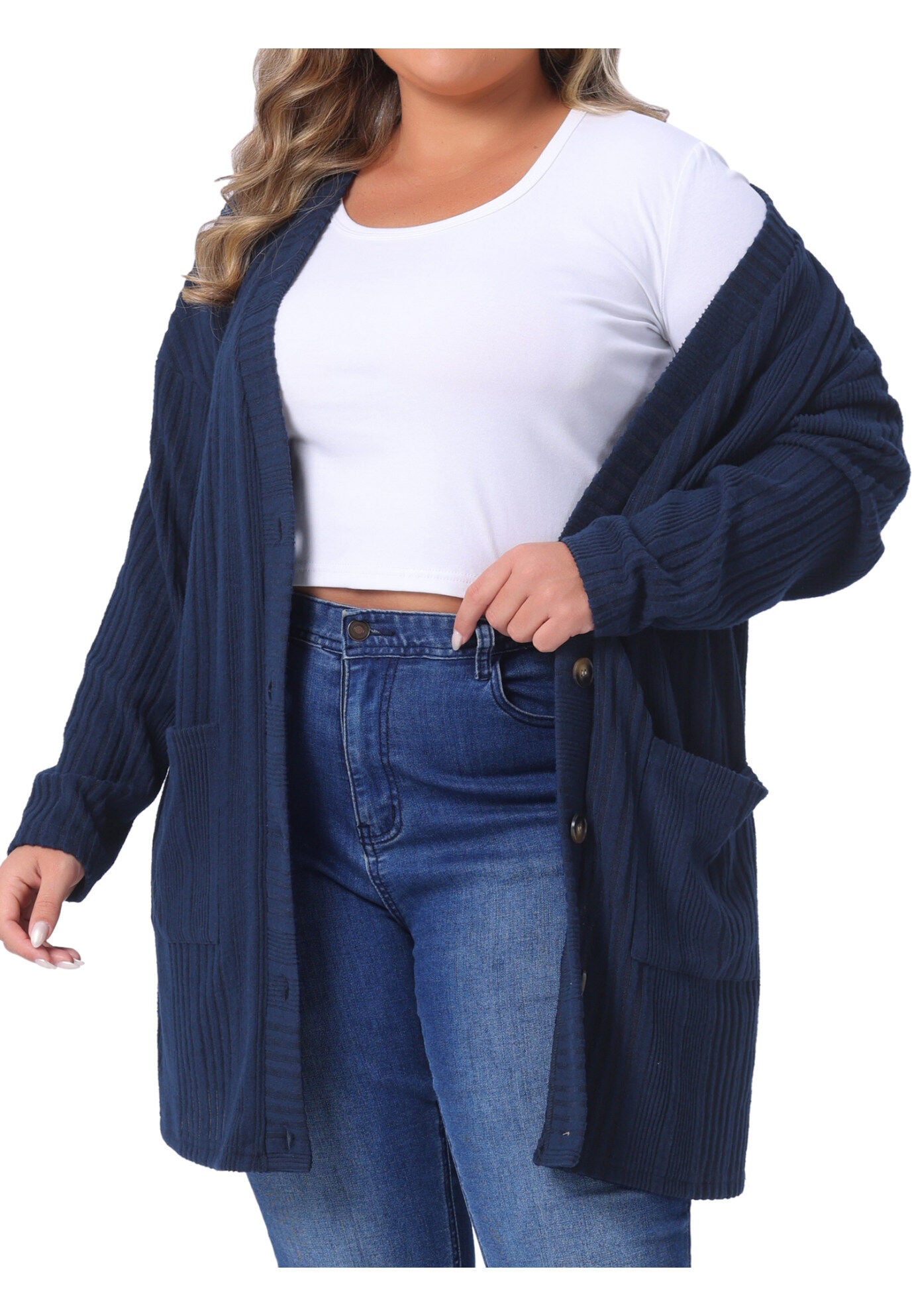V Neck Long Sleeve Knit Cardigan with Pockets, Navy Blue / Navy, alternate image number 2