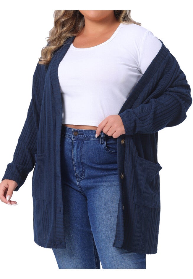 V Neck Long Sleeve Knit Cardigan with Pockets, Navy Blue / Navy, alternate image number 2