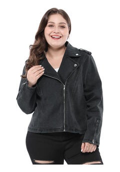 COLLAR INCLINED ZIP CLOSURE DENIM BIKER MOTO JACKET