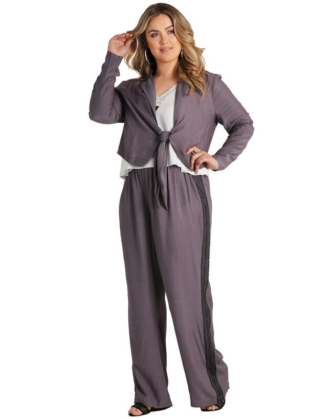 Plus Size Solid Wide Leg Rayon Twill Palazzo Pants With Lace Tuxedo Stripe, , alternate image number 8