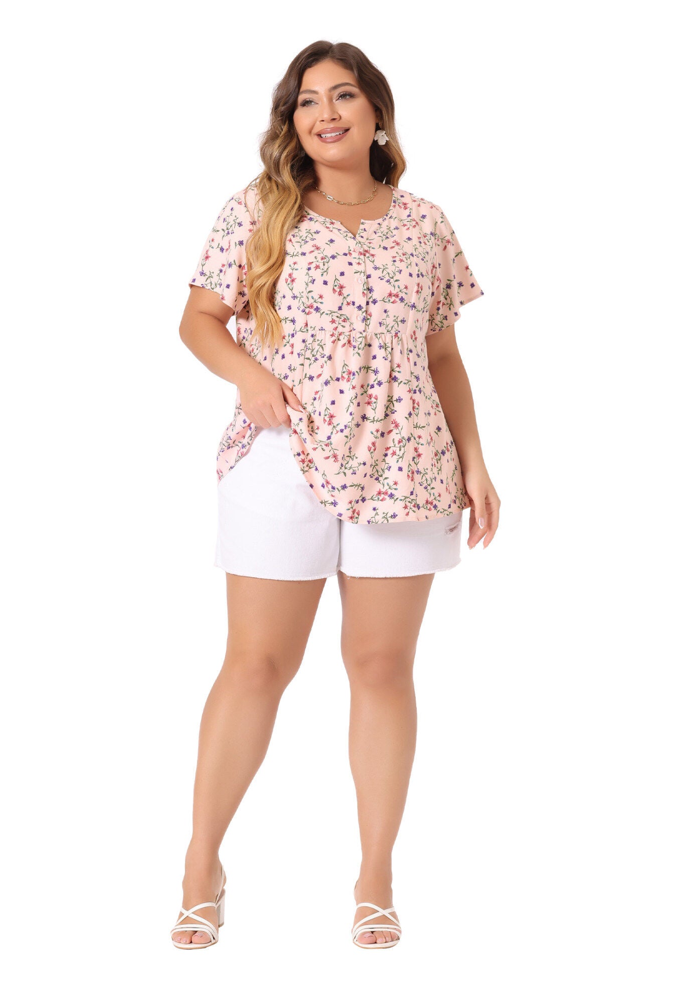 Summer Top Floral Half Placket Short Sleeve Casual Blouse, Pink / Pink, hi-res image number 0