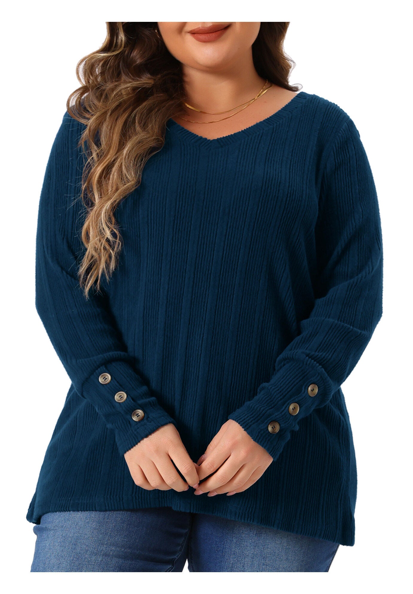V Neck Button Stretchy Pullover Sweater Knit Top, Navy Blue / Navy, alternate image number 1