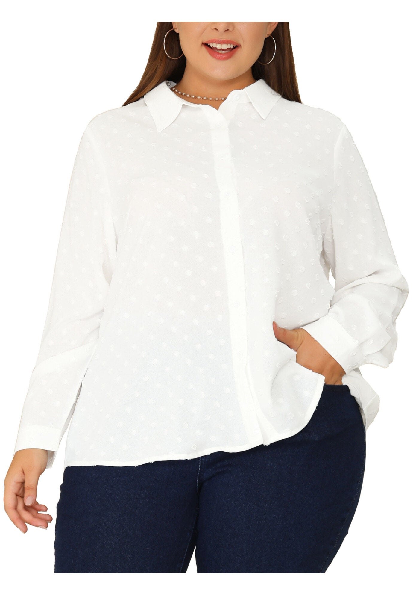 Swiss Dots Long Sleeve Button Down Shirt Blouse, White / White, alternate image number 2
