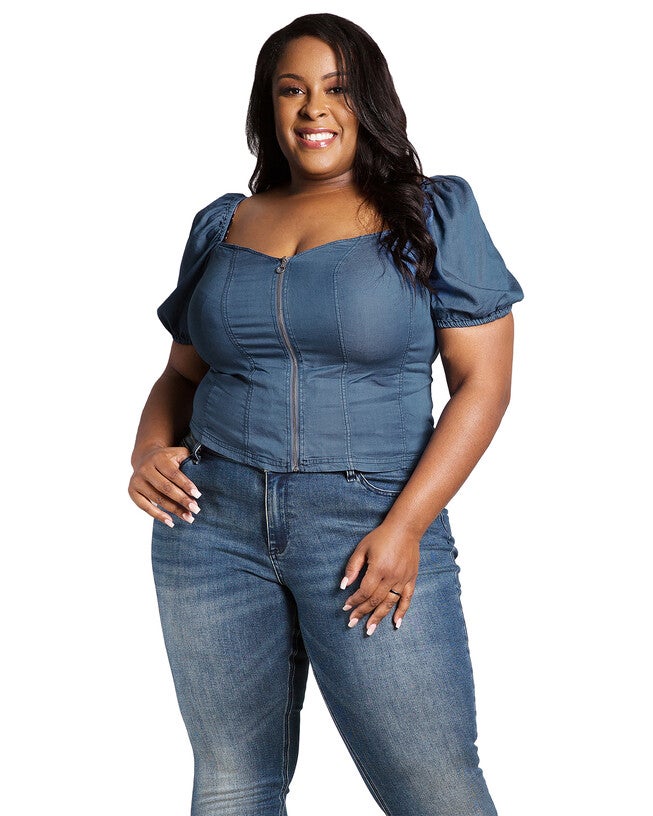 Zola Women's Plus Size Zip Front Puff Sleeves Tencel Corset Top, 3210 Blue / Dark Wash, hi-res image number 0