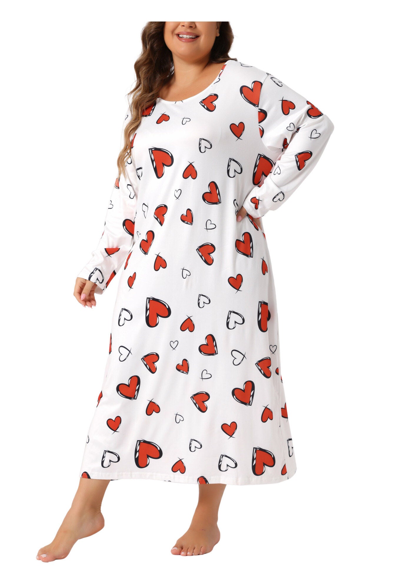 Crew Neck Long Sleeve Print Sleep Dress, White / White, alternate image number 2