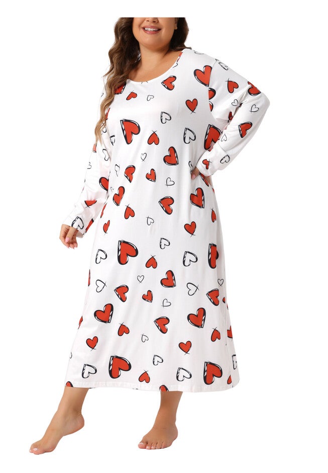 Crew Neck Long Sleeve Print Sleep Dress, White / White, alternate image number 2