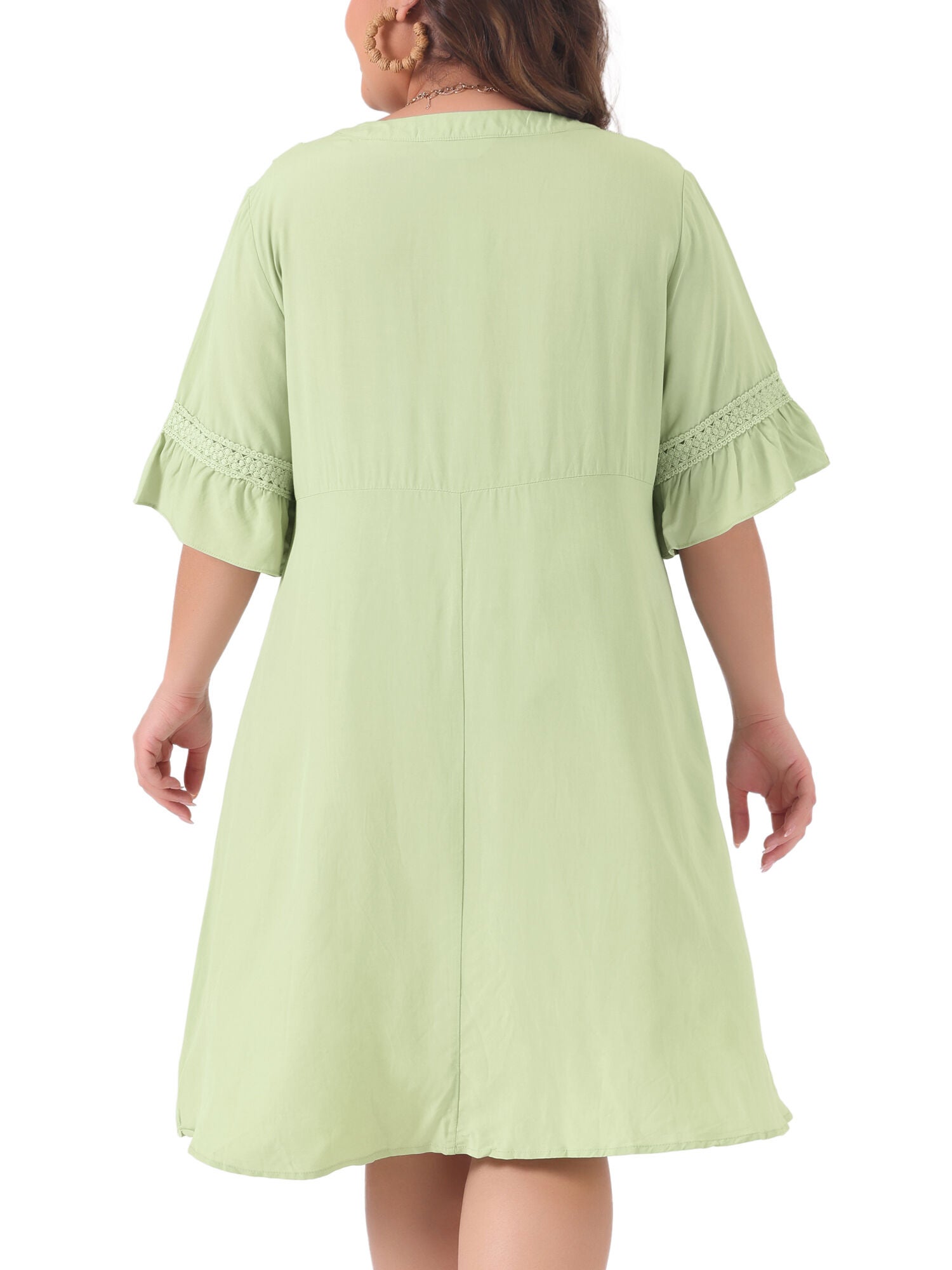Ruffle Short Sleeve Lace Insert V Neck Tassel Bohemian Dress, Light Green / Light Green, alternate image number 1