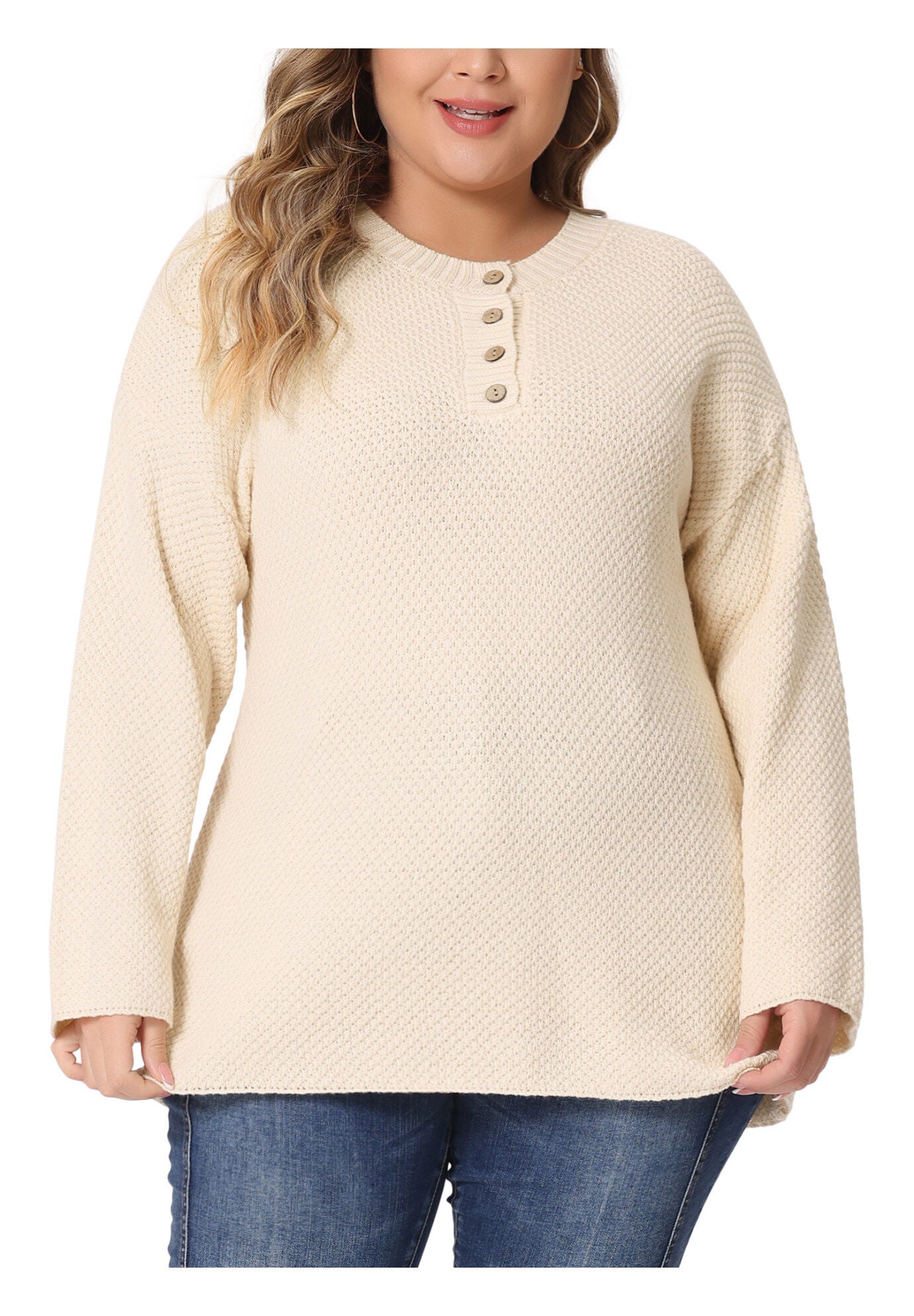 Round Neck Long Sleeve Button Knit Pullover Sweater Top, Beige / Beige, alternate image number 2