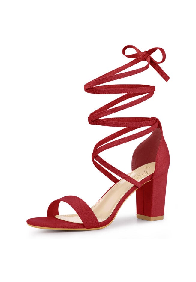 Open Toe Lace Up Chunky Heeled Sandals, Red / Red, alternate image number 3