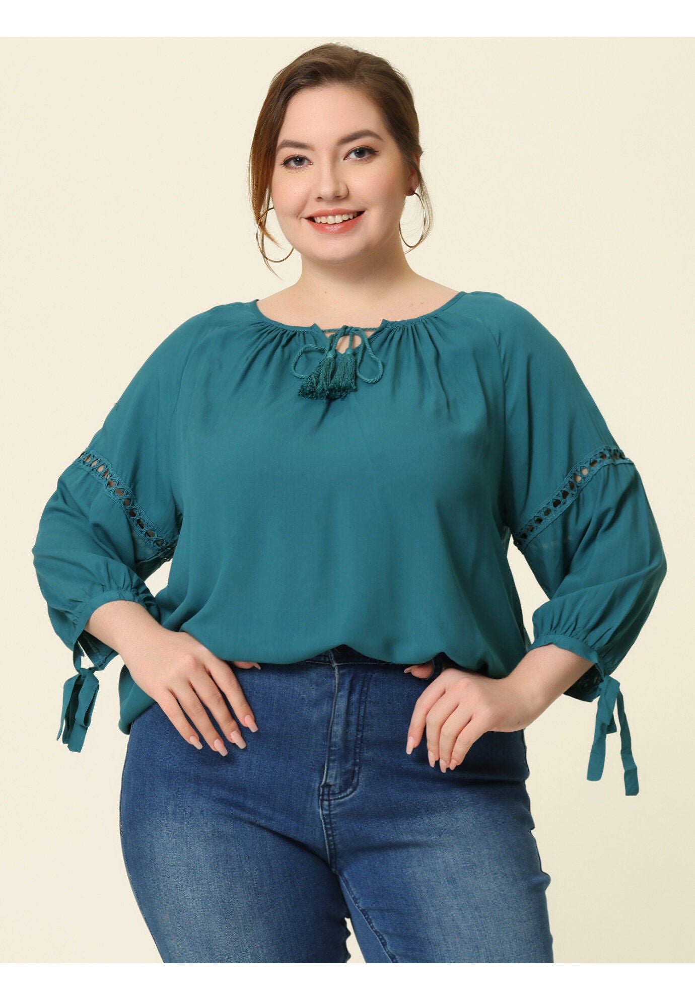 RAGLAN SLEEVES HOLLOW OUT TIE NECK PEASANT TOP, Peacock Blue / Azure Blue, hi-res image number 0