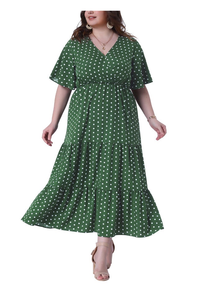 Wrap V Neck Polka Dots A-Line Tiered Summer Maxi Dress, Olive Green / Olive Green, alternate image number 2