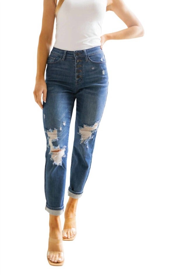 HIGH RISE BUTTON FLY DISTRESSED BOYFRIEND JEANS, Dark Wash / Dark Wash, hi-res image number 0